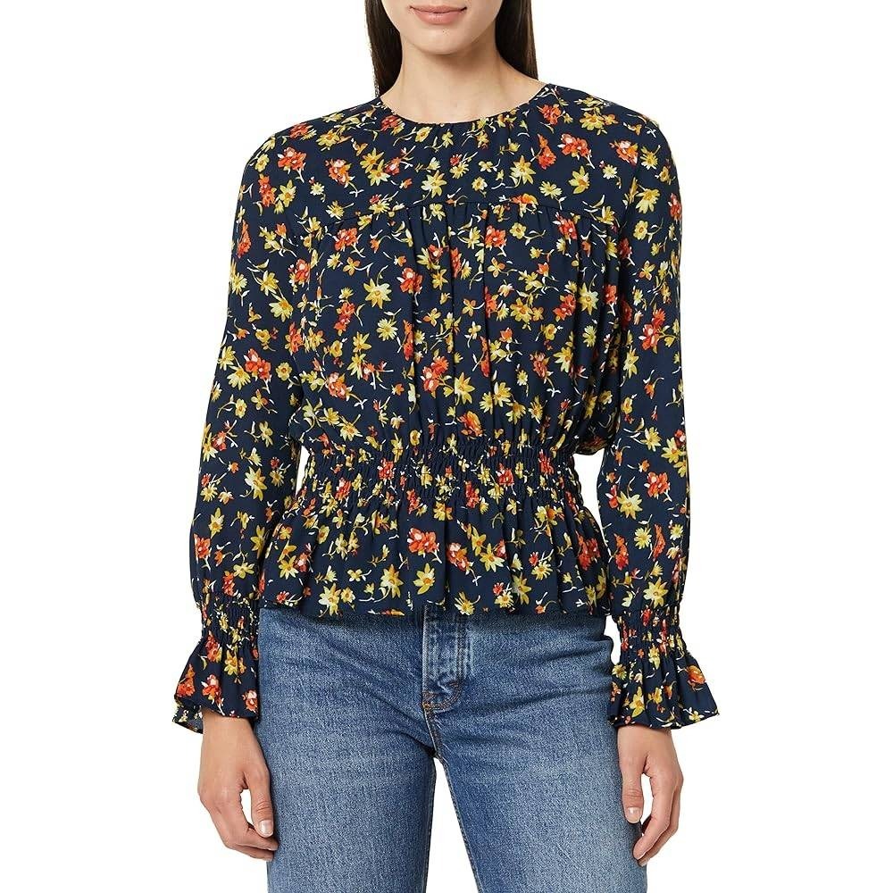 Victor Alfaro Collective Navy Floral Smocked Waist Peplum Blouse XS Long Sleeve
